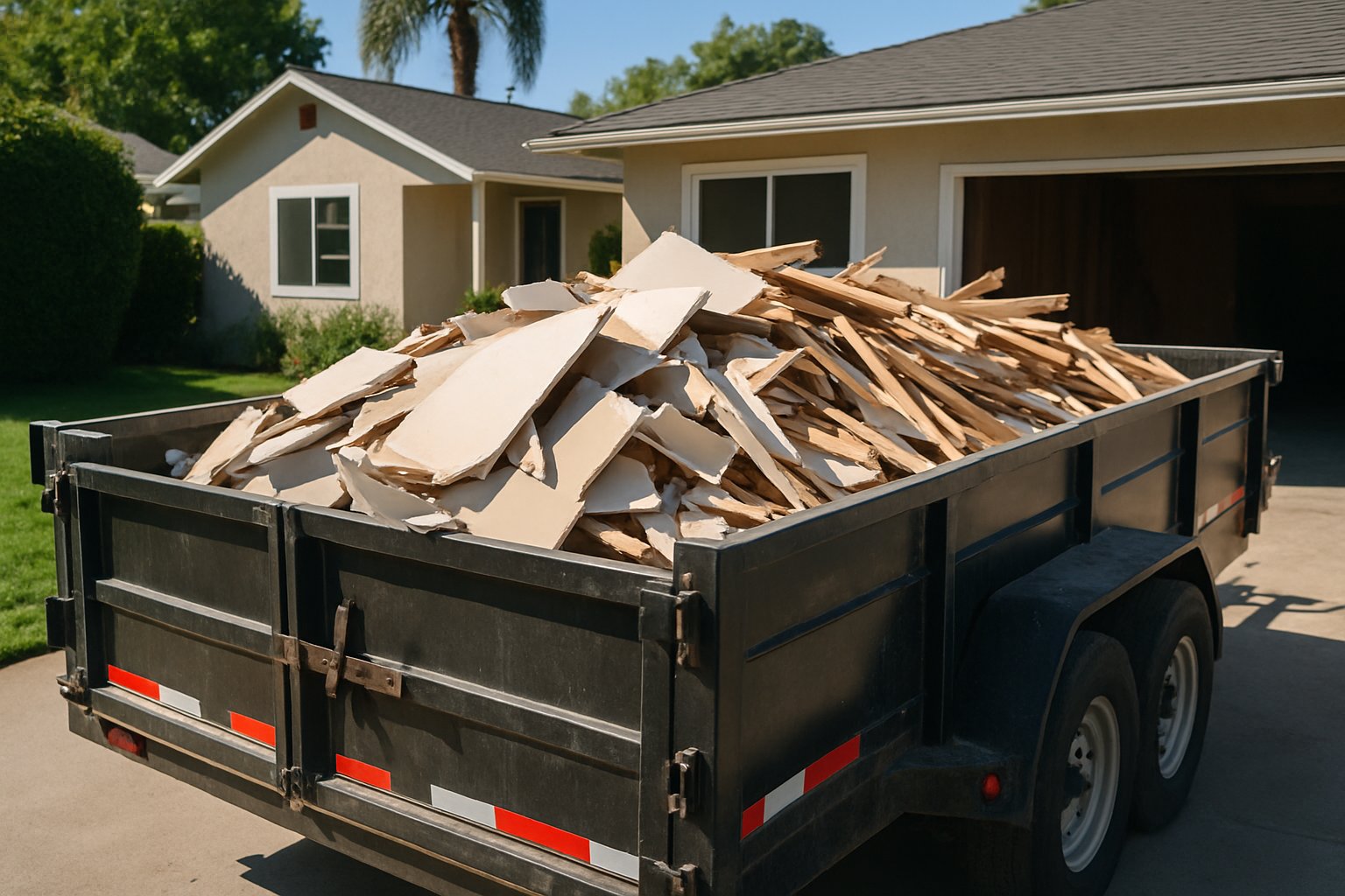Pedazos de drywall y madera acomodados en un tráiler de carga pesada