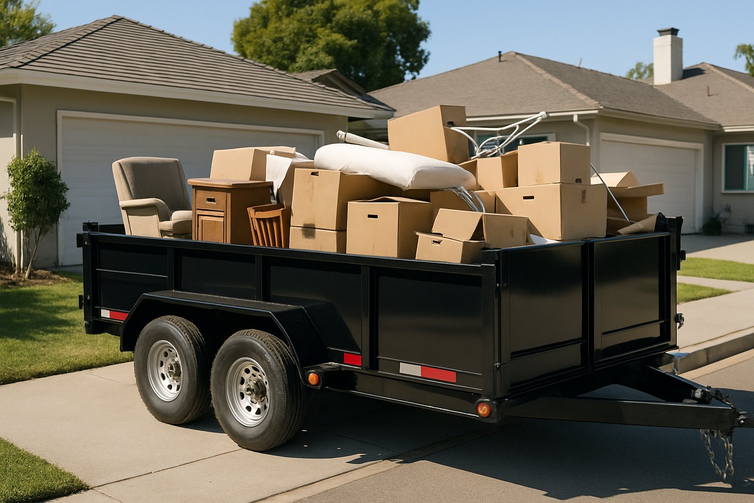 Tráiler de volteo cargado con tiliches, cajas y muebles viejos en una entrada residencial